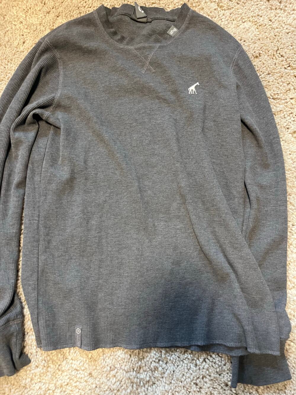 Ibex charcoal waffle knit long sleeve crewneck shirt with embroidered chest logo